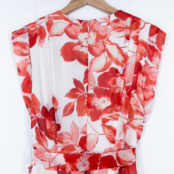 Eliza J Floral Chiffon High Low Dress Surplice Neck Tie Waist Size 10 Red White - Picture 7 of 16